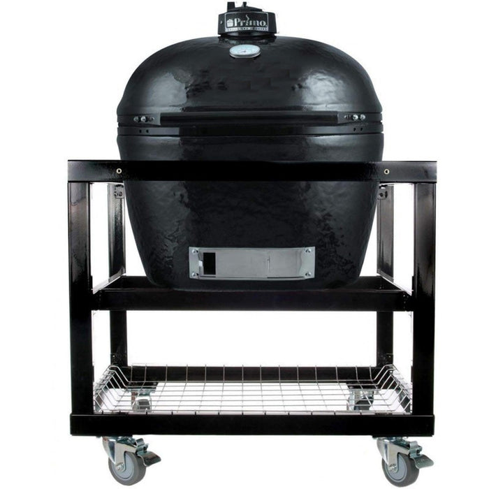 Primo Grill's XXL Oval grill (PGCXXLH) sitting in Primo Grill's 376 metal cart without side shelves (PG00376).