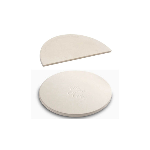 12" half moon Heat Deflector Stone for Medium Big Green EGG EGGspander Basket. 12" Big Green EGG full round pizza stone for use in Minimax, Small, Medium and Large Big Green EGGs. Topside of stones imprinted with Big Green EGG. 