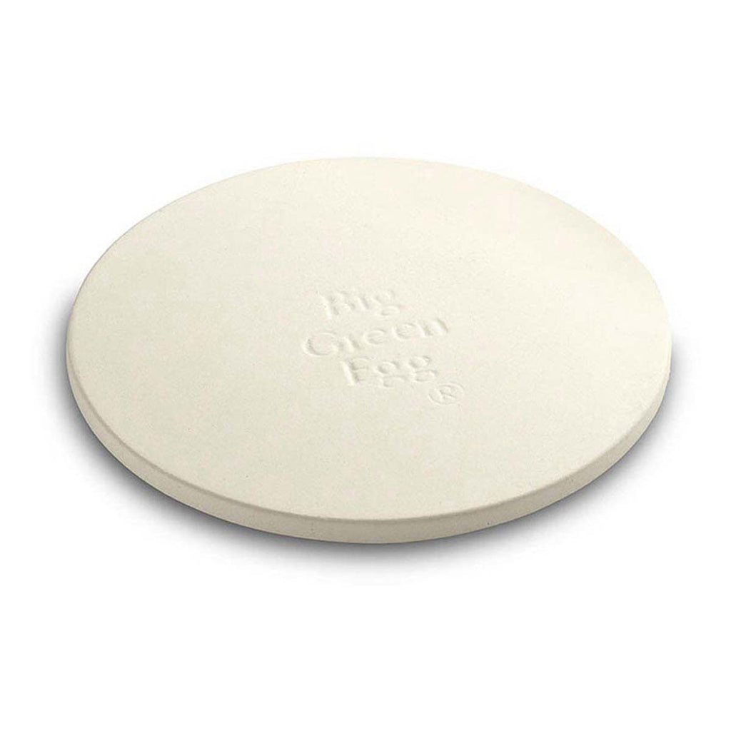 18" full round Big Green EGG ceramic stone for baking and pizza on the XL and 2xl Big green EGGs.  Can be used on the Big Joe, Weber Summit and Kettle grills - grills with a 22-inch or large cooking grid. 
Big Green EGG is imprinted on the top of the stone.