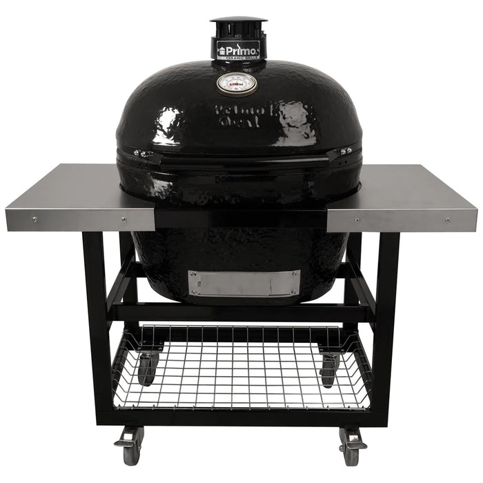 Primo Grill's XL Oval grill (PGCXLH) sitting in Primo Grill's 370 metal cart with stainless shelves (PG00370). 