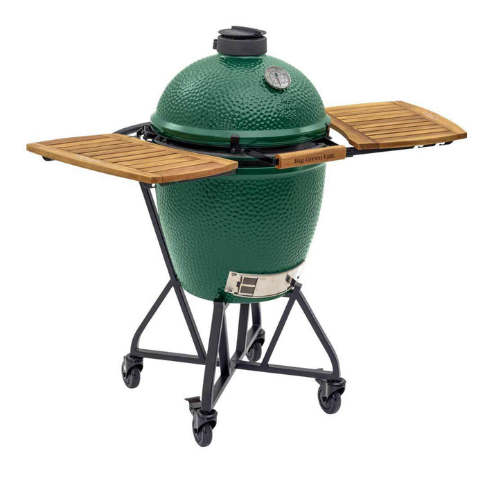 Tough Acacia wood side shelves, EGG Mates, in up position on a Large Big Green EGG. Side Shelves are available for most Big Green EGG grills.