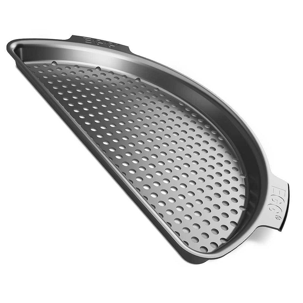 Top view of the Big Green Egg Large Half-Moon Perforated Cooking Grid with nonstick aluminum surface.