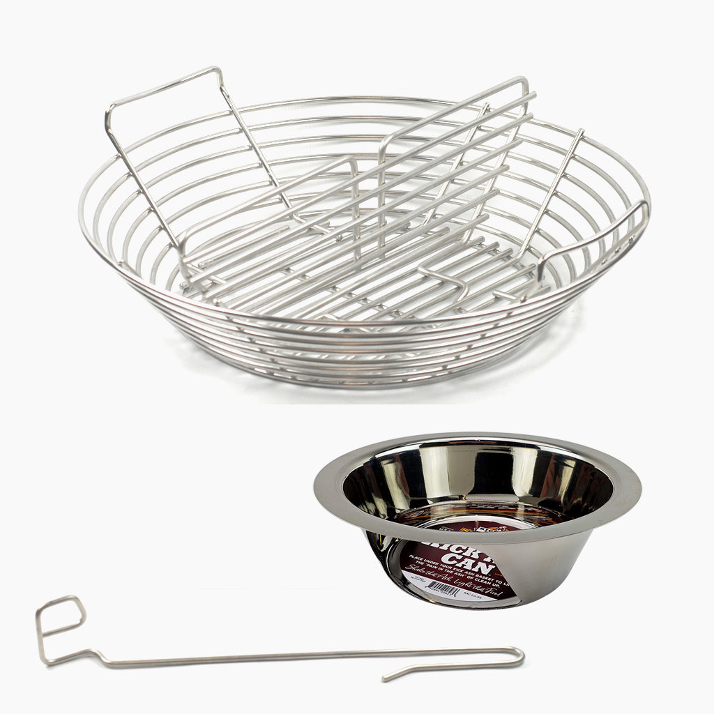 Kick Ash Basket bundle for Kamado Joe Big Joe I, II, III grills. Bundle includes stainless basket, ash can, CGS charcoal divider & FREE lump rake.