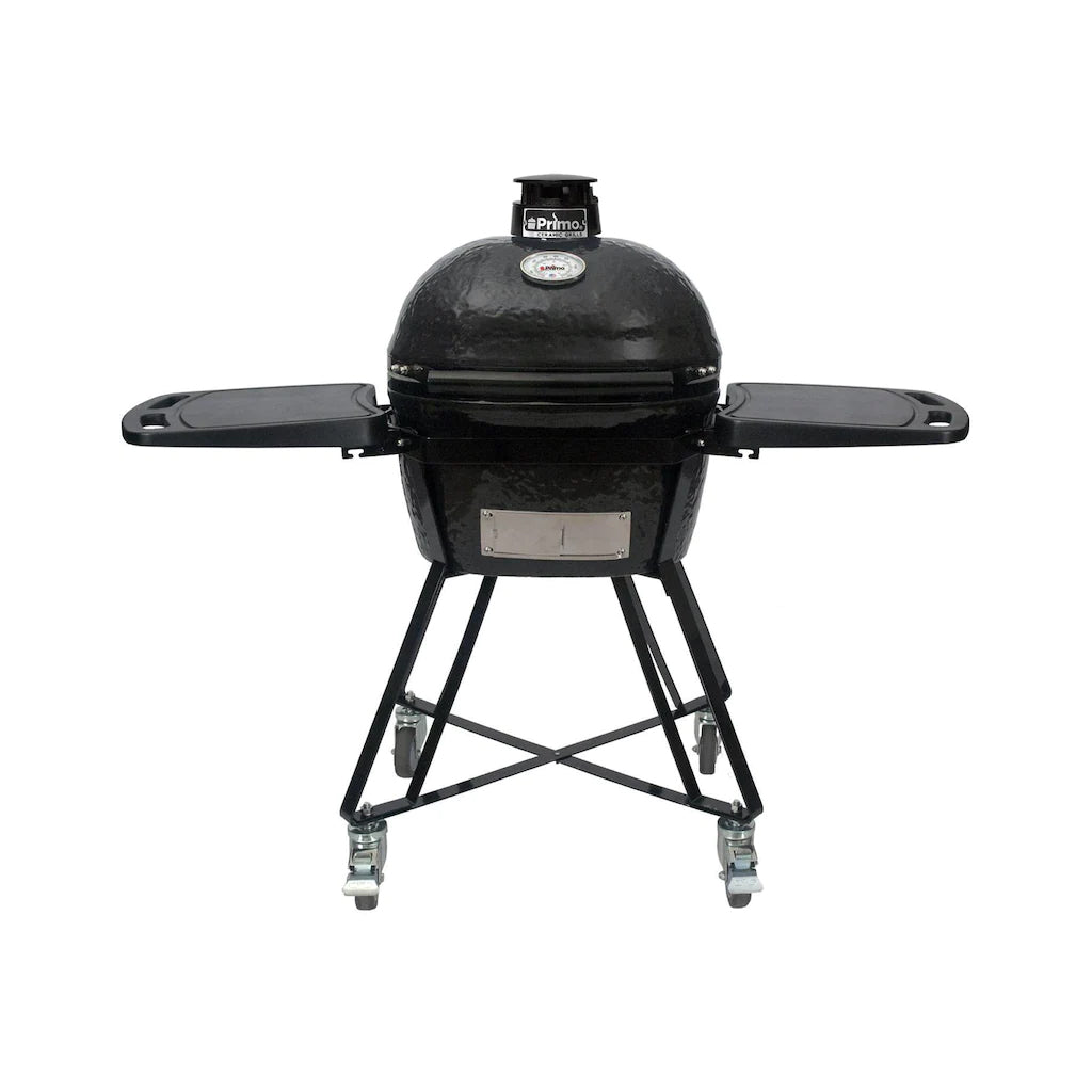 primo oval junior charcoal oval grill all in one package with cradle, side shelves and grill accessories