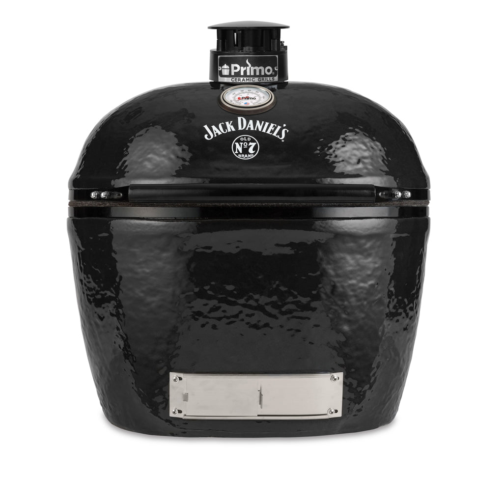 Front view of Primo XL Oval Jack Daniels grill (PGCXLHJ), standalone ceramic kamado grill for outdoor kitchens, tables, and carts.