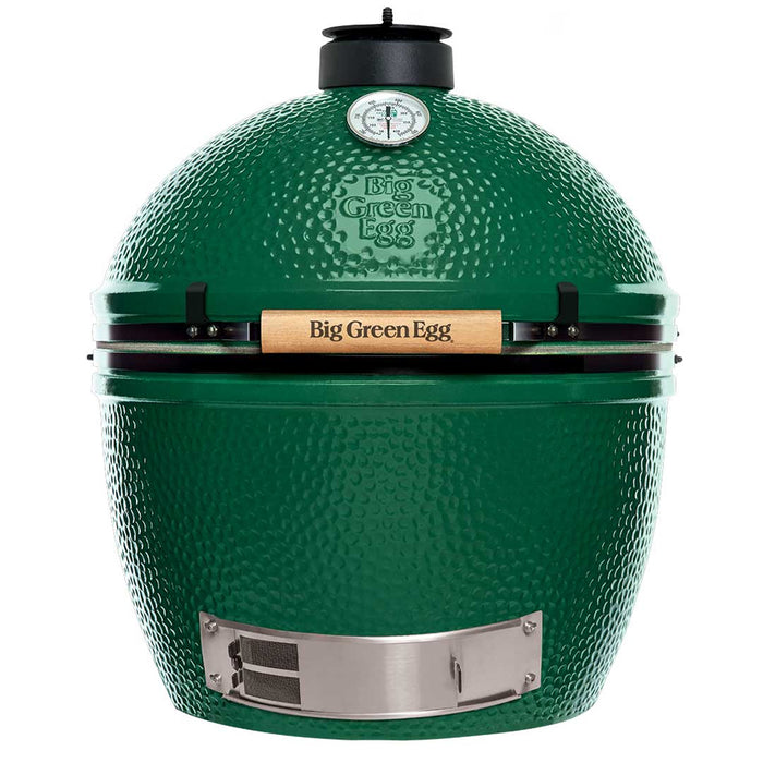 Front view XL Big Green EGG ceramic kamado grill. XL EGG is the most popular Big Green EGG with veteran grill and barbeque cooks.