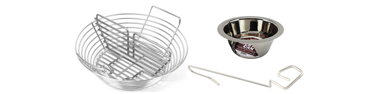 Big Green EGG Kick Ash Basket and Can with a Ceramic Grill Store's basket divider and Free Lump Rake
