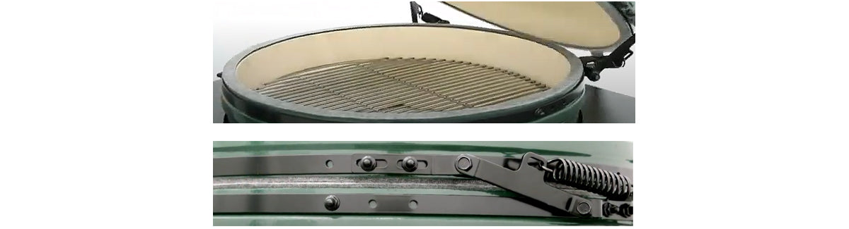 Kamado Nomex gasket replacement kit on XL Big Green EGG, top and side view of the Big Green EGG