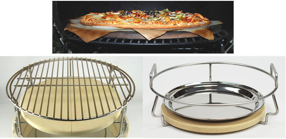 Baking a pizza on a ceramic stone up in an XL Big Green EGG. Showing how to use half & full round ceramic stones as heat deflectors for Large and MiniMax Big Green EGGs.