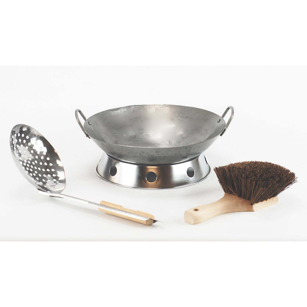12-inch Cantonese wok bundle with 12-inch wok, wok rack, palmyra cleaning brush and 6-inch wide ladle.  