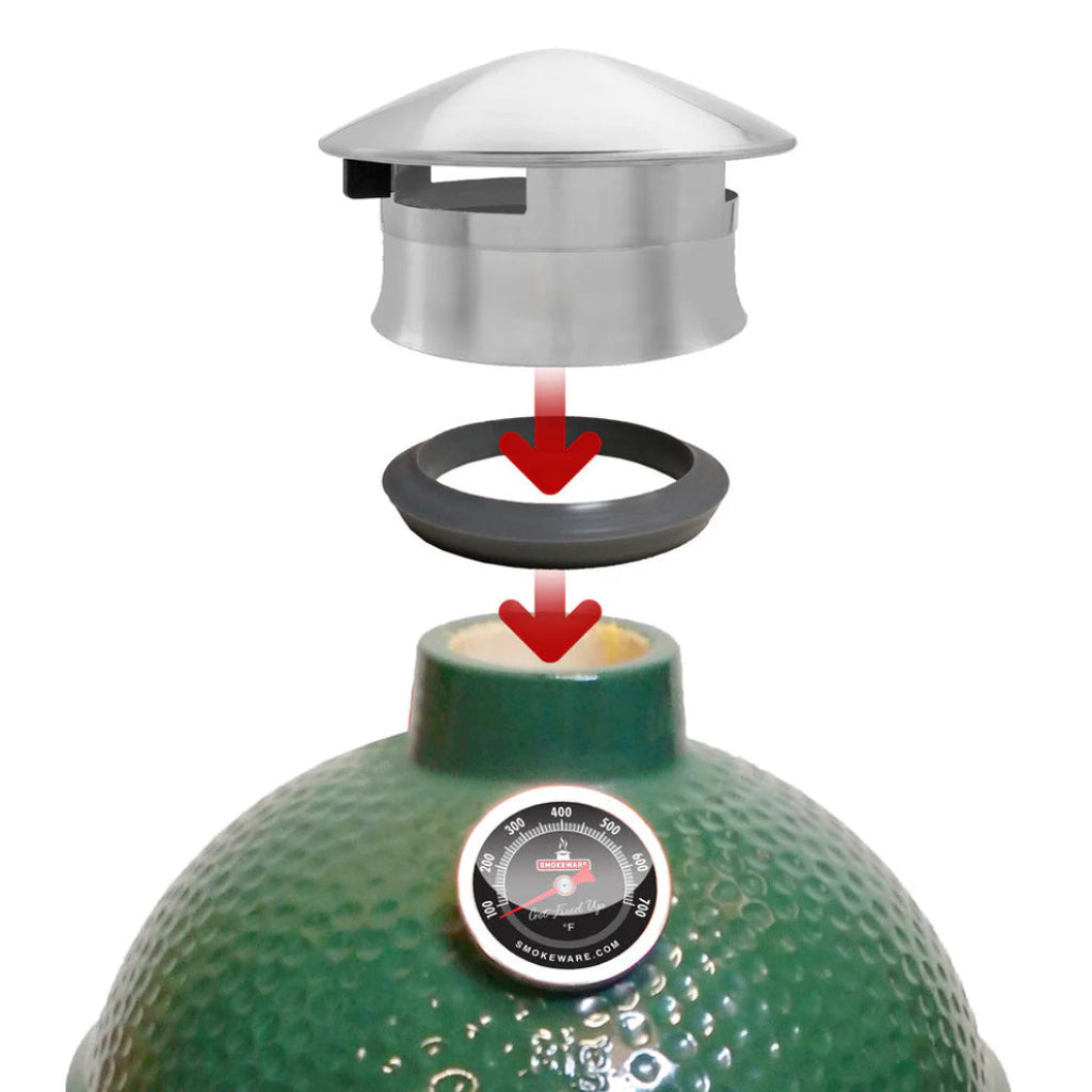 Illustration how the Smokeware Cap Adapter works with the Smokeware Cap and then placement of the adpater on the Big Green Egg chimney, then the Smokeware cap. 