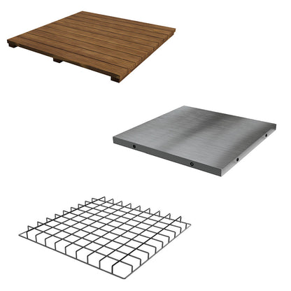 Three Big Green Egg Modular Nest inserts: acacia wood, solid stainless steel, and stainless steel wire grid for countertops and storage shelves.