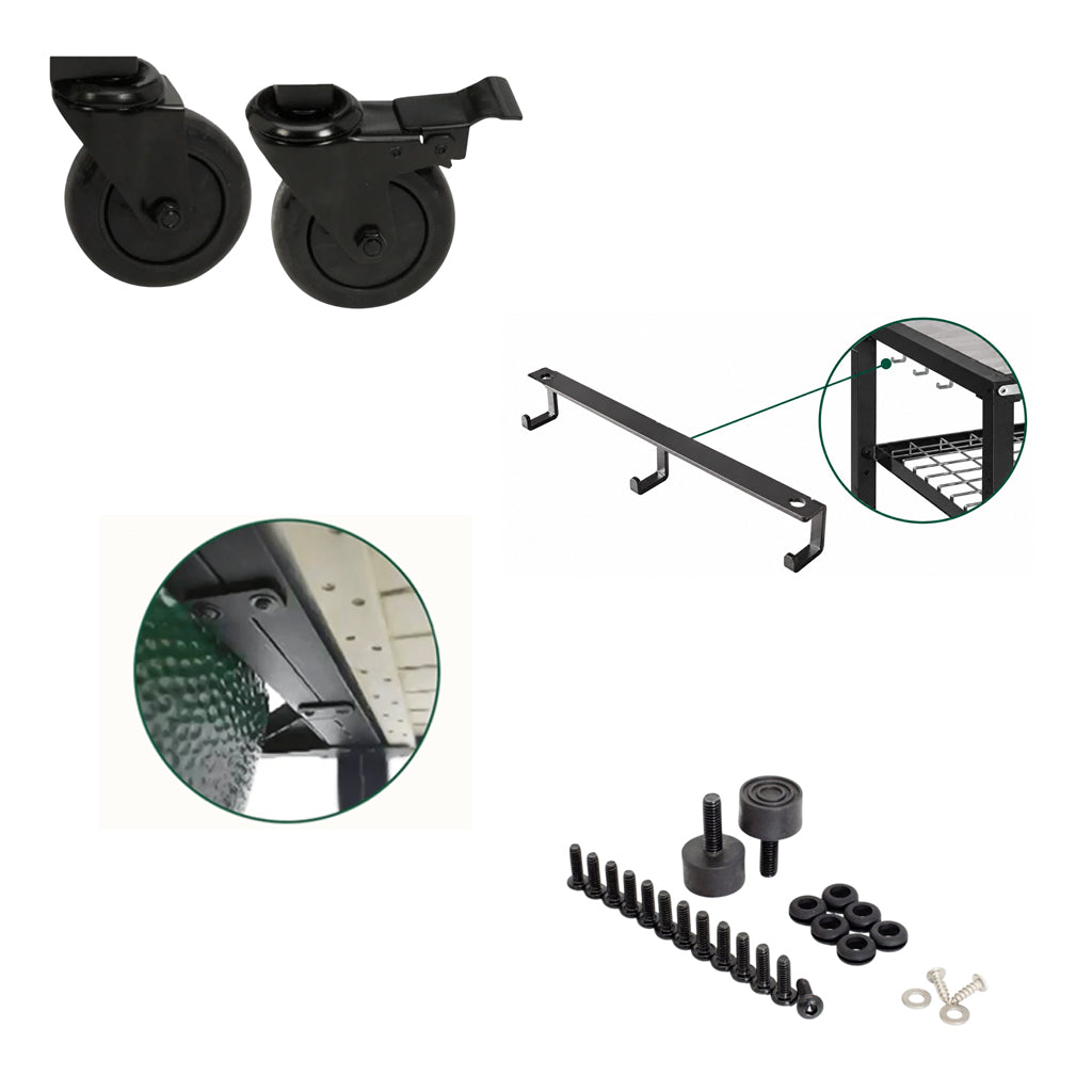 Big Green Egg accessory add-ons for Modular Nest System: casters, tool hook, connector pack, and hardware pack