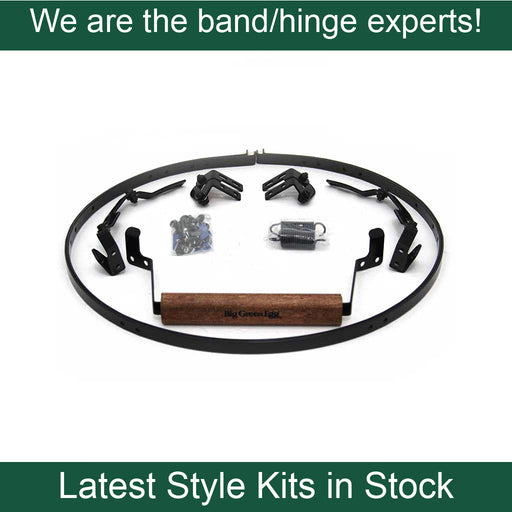With 20 years of experience, Ceramic Grill Store is the Big Green EGG Band & Hinge Assembly Kit Expert. All the parts to a Big Green EGG Band Kit shown: two bands, four hinges, two springs, handle, hardware pack. Kits available for all Big Green EGG grills.