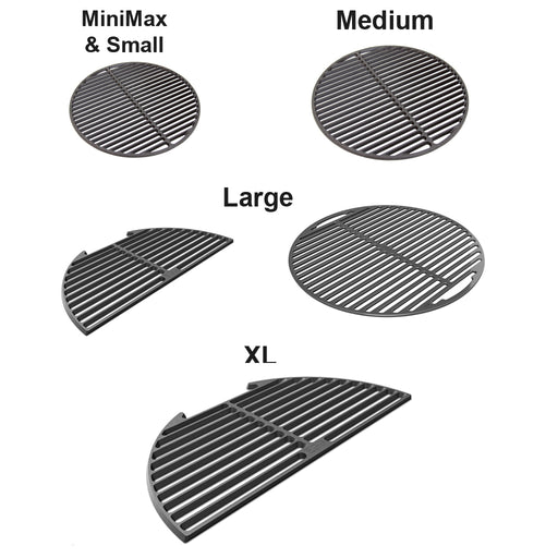 All 5 Big Green EGG cast iron grids. Full Round grids are available for MiniMax, Small, Medium and Large EGGs; Half-moon grids are available for Lage and XL EGGs.