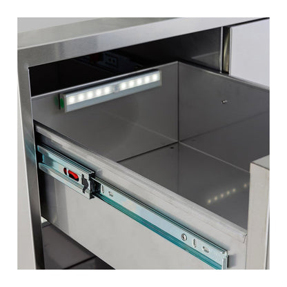 Front view of the light and door slides in Blaze's 3 drawer combo. Model is BLZ-30W-3DRW-LT.