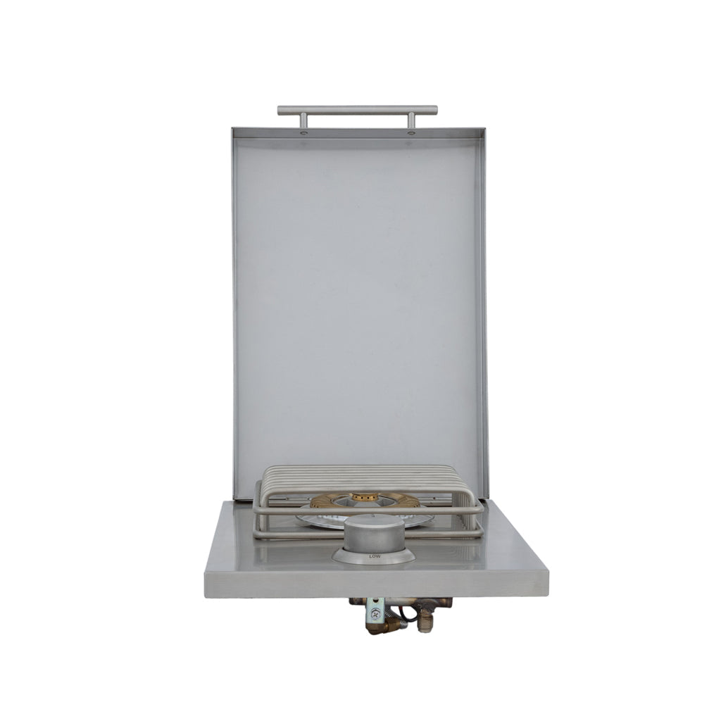 Front view of a Blaze LTE+ Drop-In Single Side Burner with cover open