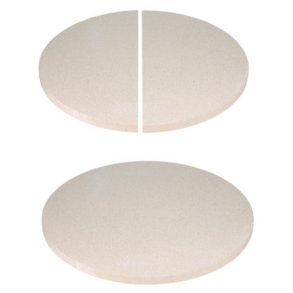 Ceramic Grill Store ceramic heat deflectors for kamado grills in half-moon and full round pizza stone shapes.