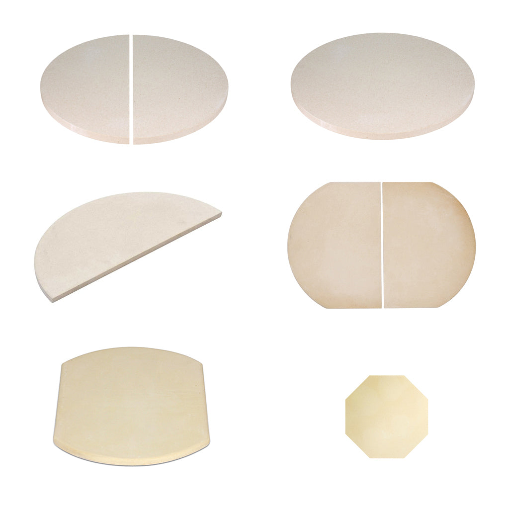 Ceramic heat deflectors for kamado grills in multiple shapes and sizes from 8" to 18" by Ceramic Grill Store.
