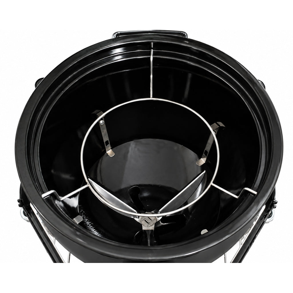 Top down view showing a CGS 3-Leg Spider sitting inside a Weber Summit Kamado grill.