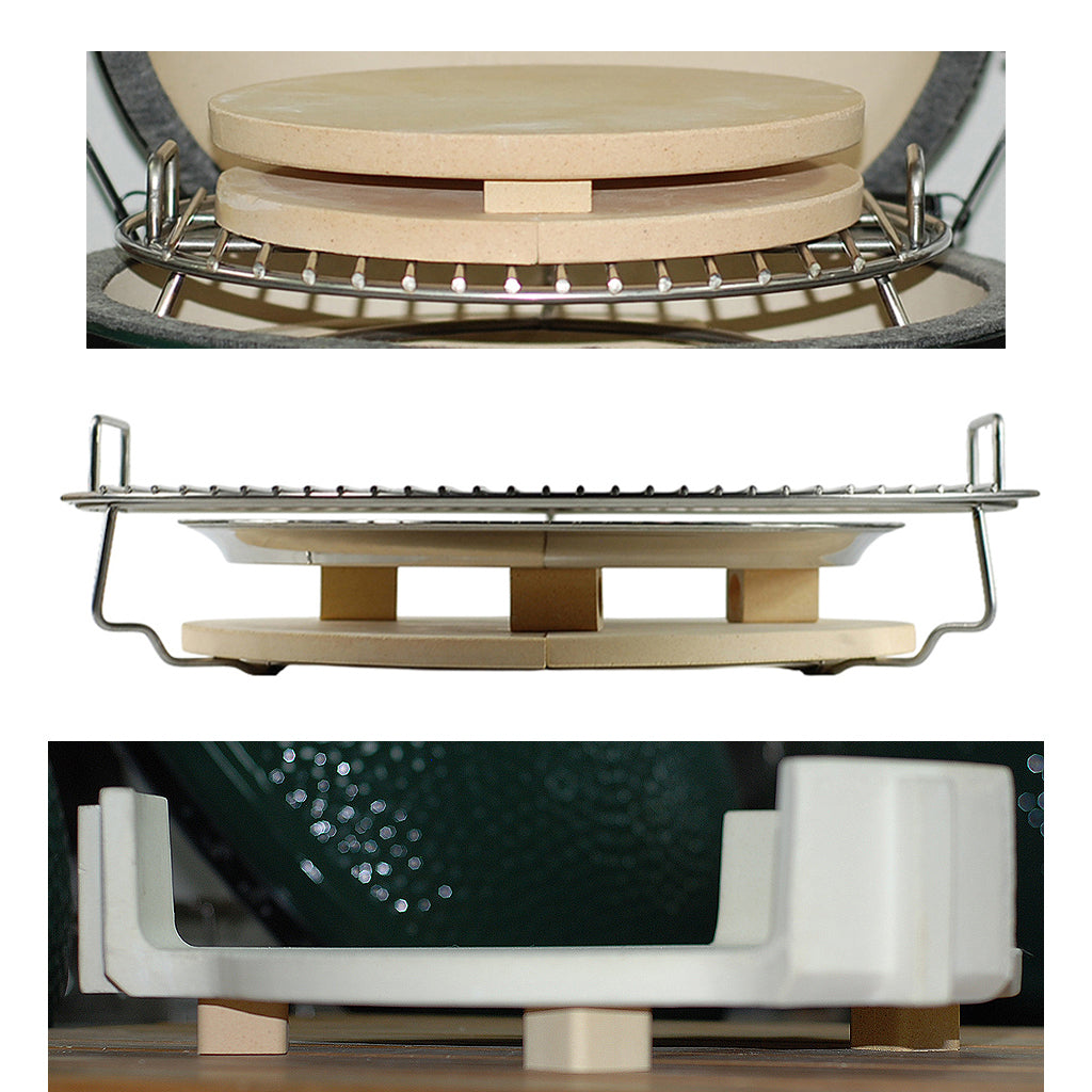 Three uses for CGS Ceramic Spacers: creating an air gap between a ceramic deflector and pizza stone, spacing a drip pan above the deflector, and lifting hot deflectors above a tabletop or countertop.