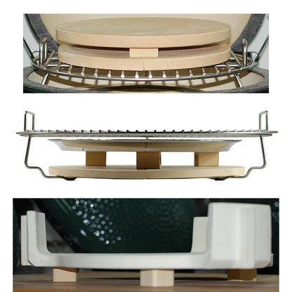 Three uses for CGS Ceramic Spacers: creating an air gap between a ceramic deflector and pizza stone, spacing a drip pan above the deflector, and lifting hot deflectors above a tabletop or countertop.