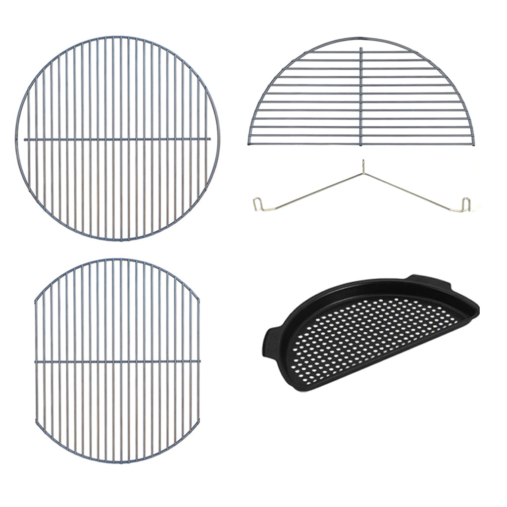 The four cooking grids and grates that work with CGS XL Adjustable Rig. Atop the Rig is the CGS 20-inch round stainless grid. Atop and inside the Rig is the CGS 16x20-inch oval stainless grid. Atop the backside of the Rig is the 20-inch half-moon stainless grid with recommended half -stone hanger. Last is the Big Green EGG XL perforated grid for veggies for atop the Rig.