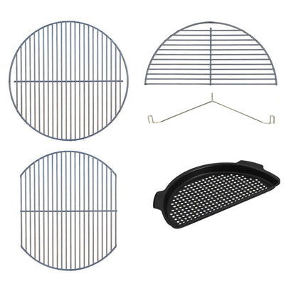 The four cooking grids and grates that work with CGS XL Adjustable Rig. Atop the Rig is the CGS 20-inch round stainless grid. Atop and inside the Rig is the CGS 16x20-inch oval stainless grid. Atop the backside of the Rig is the 20-inch half-moon stainless grid with recommended half -stone hanger. Last is the Big Green EGG XL perforated grid for veggies for atop the Rig.
