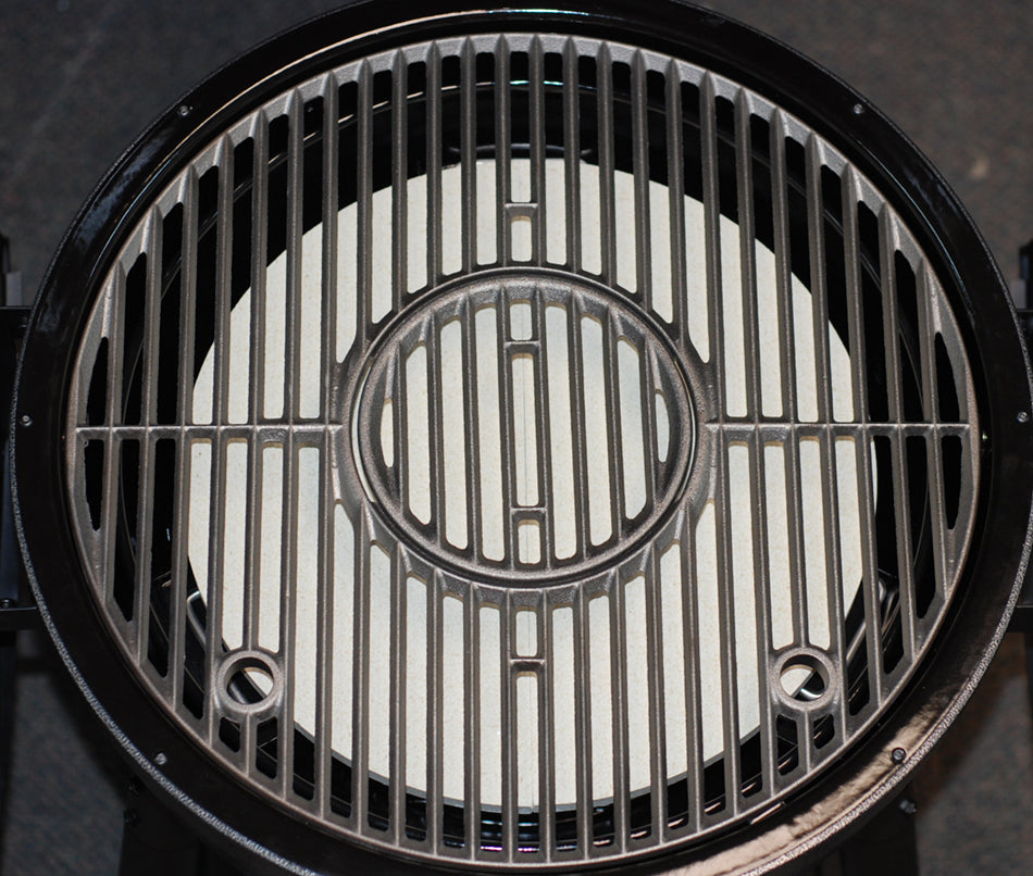 Char-Griller Akorn Kamado Grill set up with two 16" half-moon deflectors for smoking low and slow barbeque.