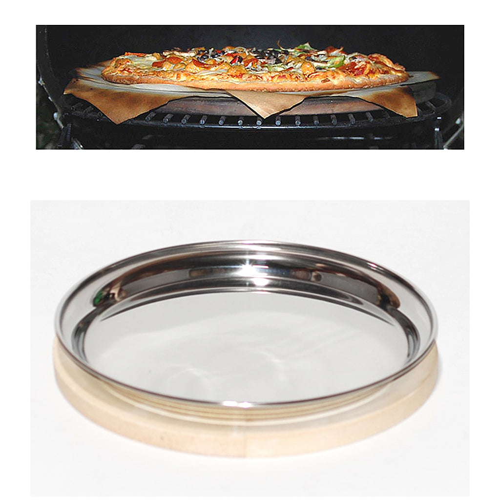 Heat deflector, stainless drip pan and pizza stone options for kamado grill rack systems