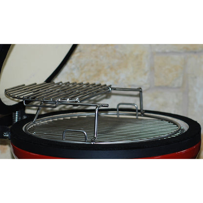 CGS Joe Jr sliding second-level cooking grid installed on the Expander rack, with the upper grid pushed back for easy access to the lower cooking grate.