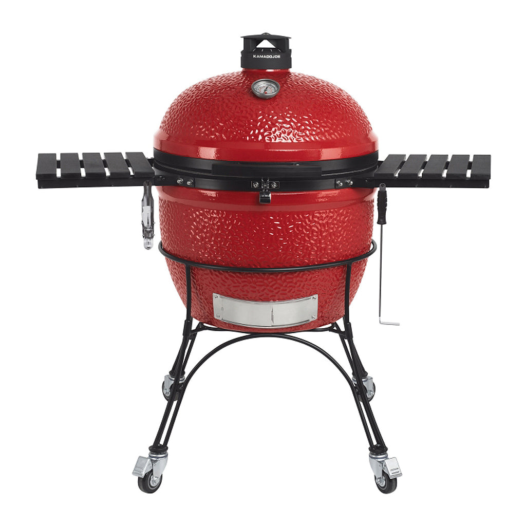 Front view of Kamado Joe Big Joe II 24 inch ceramic grill in cart with rolling stand, side shelves, and Kontrol Tower top vent