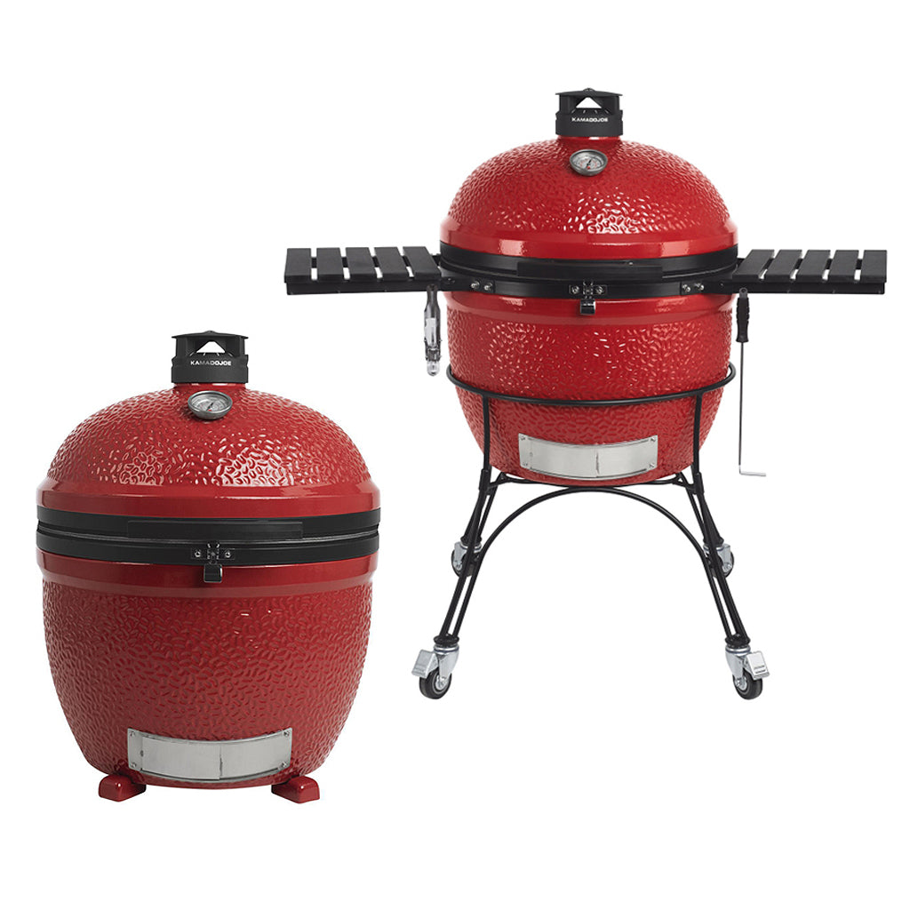Side-by-side front view of Kamado Joe Big Joe II 24 inch ceramic grills showing cart model with rolling stand and built-in standalone version on ceramic feet