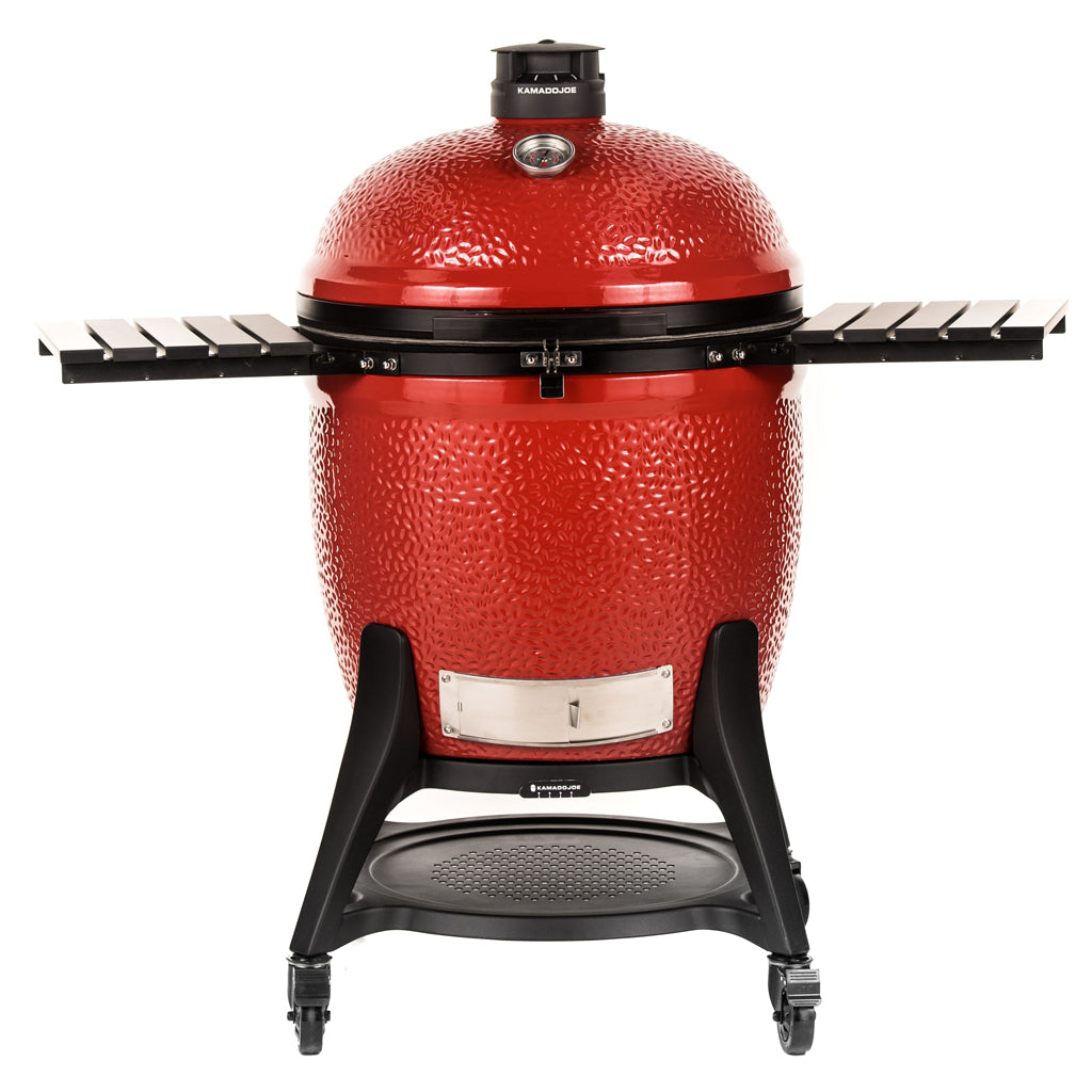 Kamado Joe Big Joe 3, 24-inch, ceramic grill with cart and side shelves, front view.