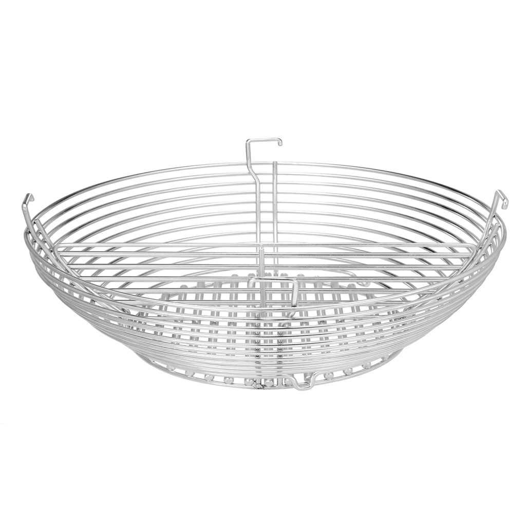 Side view of Kamado Joe Big Joe stainless charcoal basket with divider plate installed