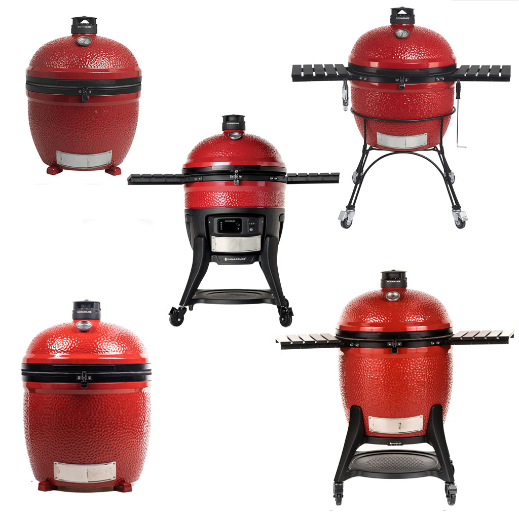 Front view, Kamado Joe Big Joe cart and standalone grills, including Big Joe III, Big Joe II, and Big Joe Konnected Joe.