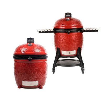 Side-by-side front view of the Kamado Joe Big Joe III 24-inch Grill in both Cart with Side Shelves and Standalone Built-in configurations.