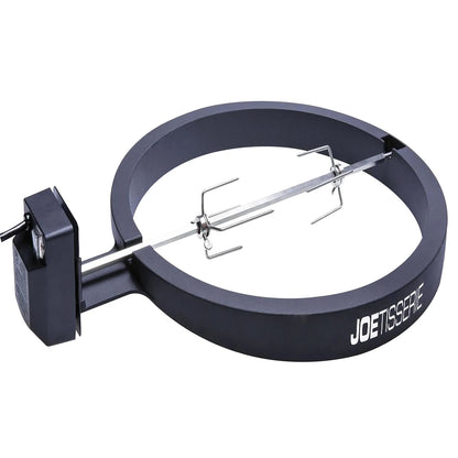 Kamado Joe Big Joe Rotisserie Kit with motor, spit rod and tines, side angle view.