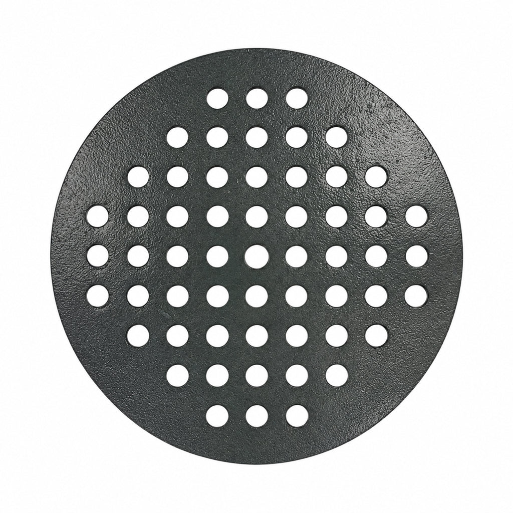Front side of a Kamado Joe replacement cast iron charcoal fire grate, showing the round airflow holes across the cooking grate surface.