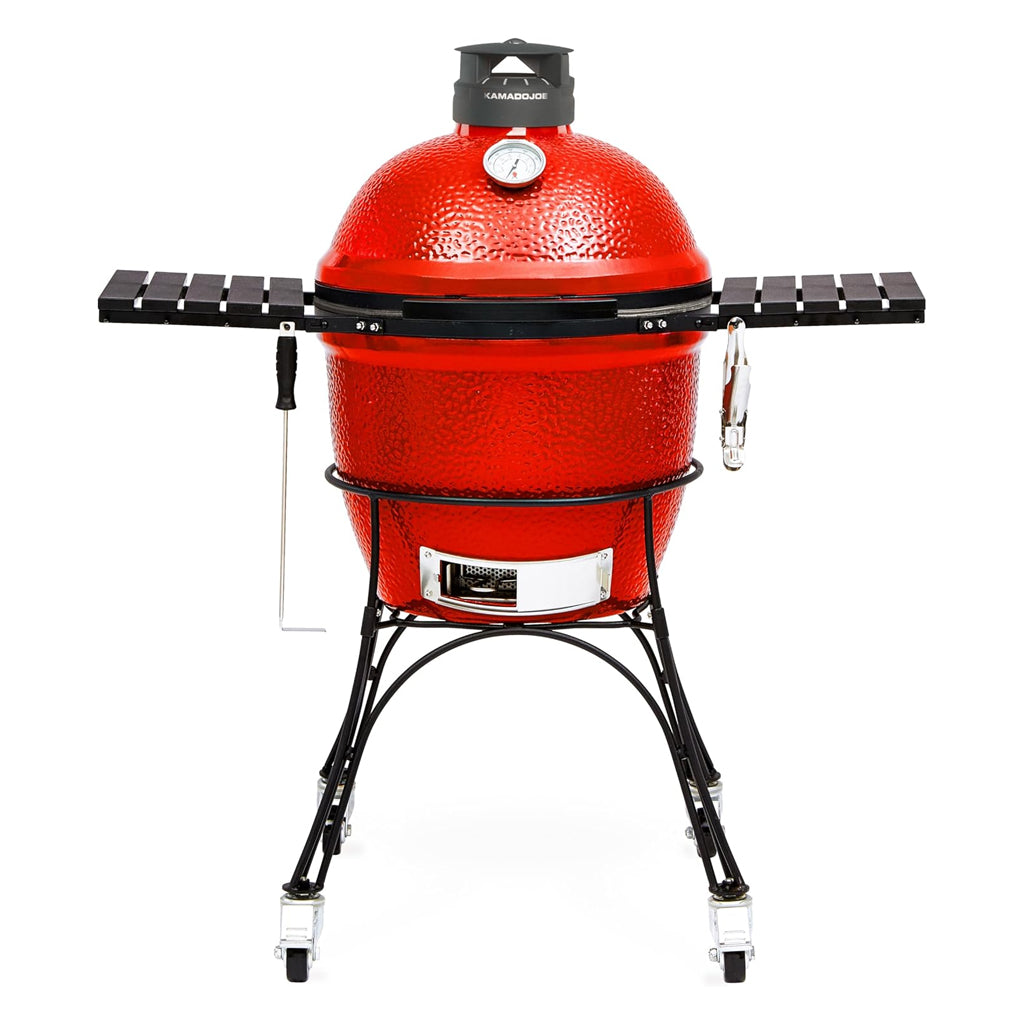 Kamado Joe Classic 2 18" ceramic grill with mobile cart and folding side shelves.