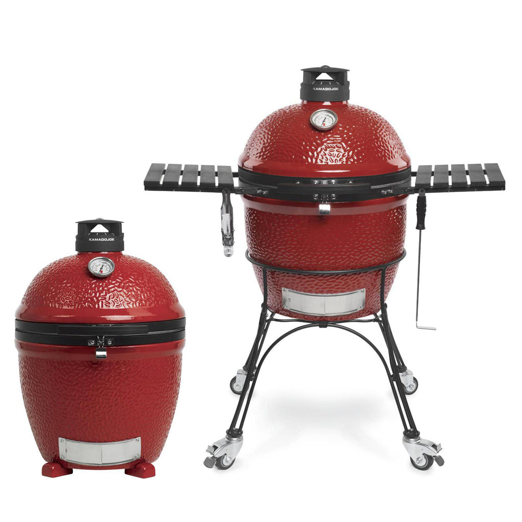 Front view of Kamado Joe Classic II 18-inch grill in Cart and Standalone configurations.