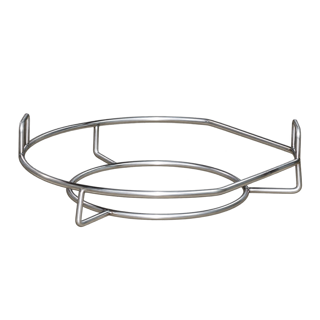 Side angle view of the CGS Woo, a raised grid rack with handles and full circle botton ring for the Kamado Joe JR. grill.