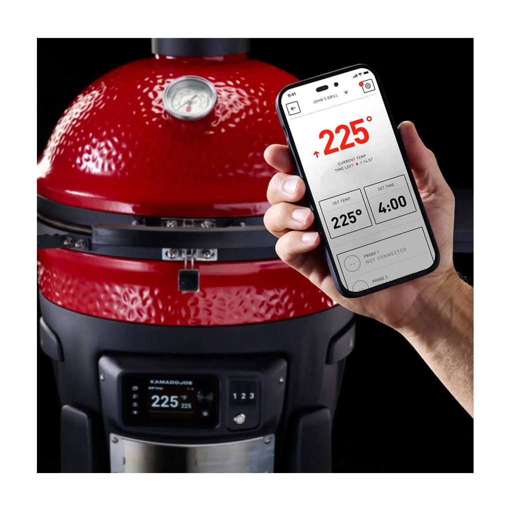Kamado Joe Konnected grill showing how the app and onboard temperature control looks.