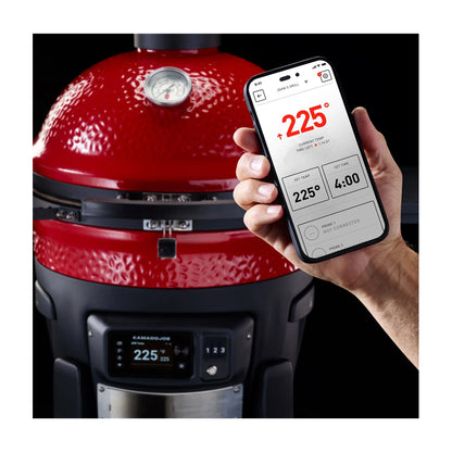 Kamado Joe Konnected grill showing how the app and onboard temperature control looks.