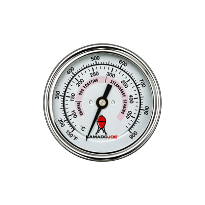 Front view of a Kamado Joe replacement dome thermometer showing the temperature scale, cooking ranges, and indicator needle.