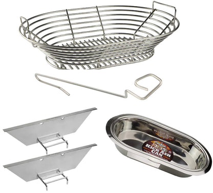 Kick Ash Basket bundle for Primo Oval XXL 500 kamado featuring a stainless steel charcoal basket, ash can, two charcoal dividers, and a free CGS lump rake for complete firebox management.