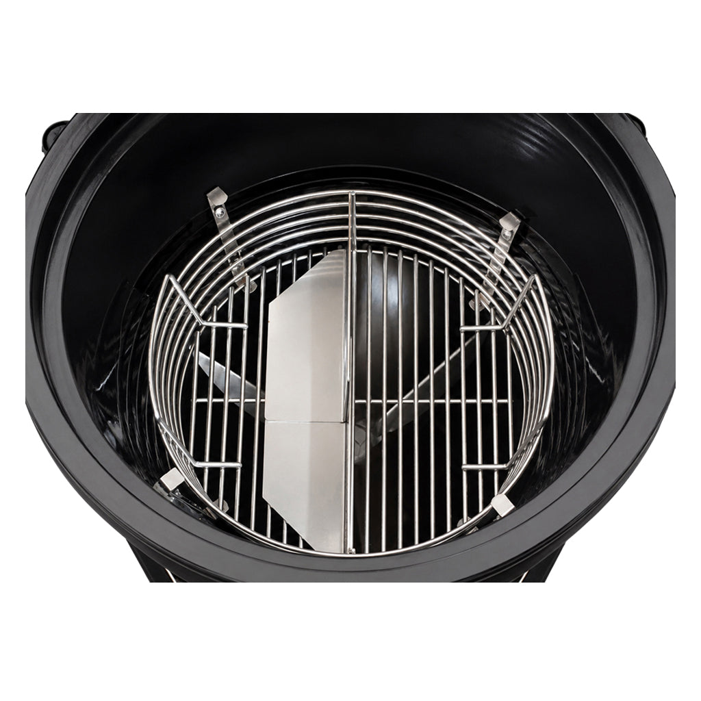 Kick Ash Basket with CGS Ang-L Charcoal Dividers partitioning the Weber Summit Kamado firebowl in half with charcoal and half no charcoal.