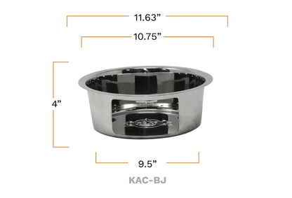 Dimensional rendering of the Kamado Joe Big Joe Kick Ash Can showing a 11.63-inch top outside diameter, 10.75-inch top inside diameter, 4-inch depth, and a 9.5-inch bottom diameter to ensure a perfect fit in the firebox bottom hole.