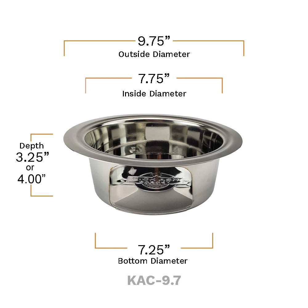 Dimensional rendering of the Kamado Joe Classic Joe Kick Ash Can showing a 9.75-inch top outside diameter, 7.75-inch top inside diameter, a 7.25-inch bottom diameter and either a  3.5-inch or 4-inch depth. Depth vaires depending on your Classic's age and model.
