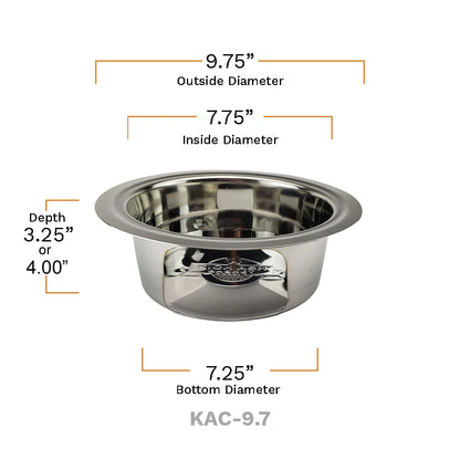 Dimensional rendering of the Kamado Joe Classic Joe Kick Ash Can showing a 9.75-inch top outside diameter, 7.75-inch top inside diameter, a 7.25-inch bottom diameter and either a  3.5-inch or 4-inch depth. Depth vaires depending on your Classic's age and model.